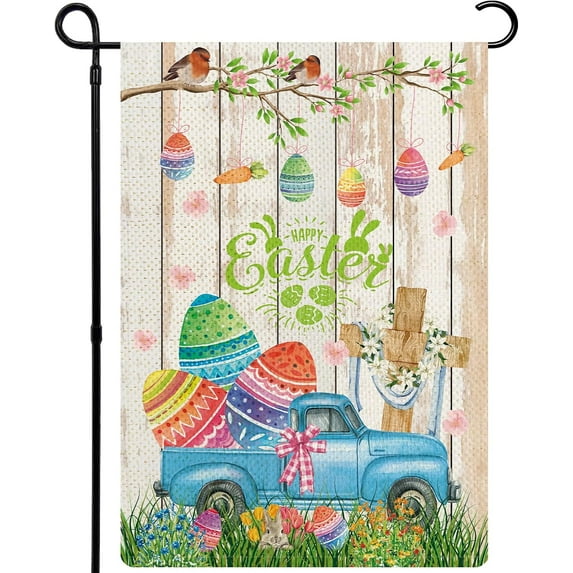 Truck Easter Garden Flags for Outside, Religious Jesus Cross Easter Holiday Flag, Spring Birds Easter Eggs Welcome Yard Flag 12.5x18 Double Sided for Outdoor Patio Porch Farmhouse Decor