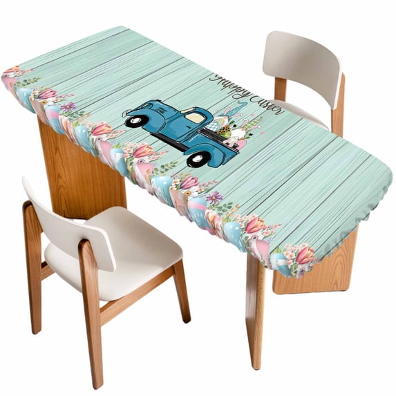 Truck Easter Table Cloths for 8 Foot Rectangle Tables, Spring Floral Eggs Gnomes Wooden Patio Waterproof Elastic Fitted Tablecloths, Washable Rectangular Table Cover for Camping
