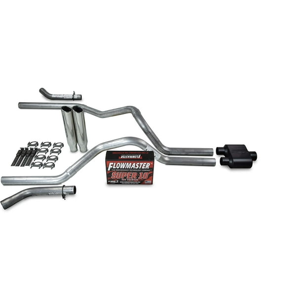 Truck Exhaust Kits - Shop Line dual exhaust system 2.5" Aluminized pipe Flowmaster Super 10 Muffler 2.5" With Rolled Edge Clamp On Polished Tips and Corner Exit for Silverado, Sierra, F-Series,& Ram