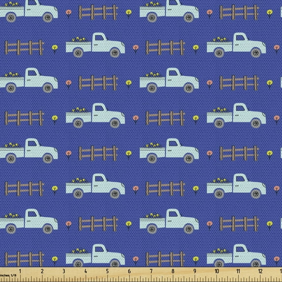 Ambesonne Truck Fabric by the Yard Upholstery, Rural Fence Vehicle Pattern, 2 Yards, Violet Blue