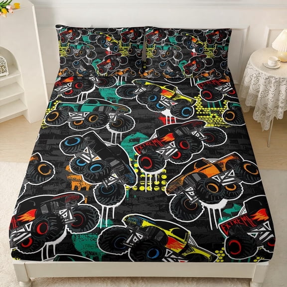 Truck Fitted Sheet Set Twin Size,Colorful Monster Truck Bed Sheet Set for Kids,Boys,Teen,3-Pieces Jam Truck Soft Sheet Set for Bedroom Decor,1 Fitted Sheet with 2 Pillowcases