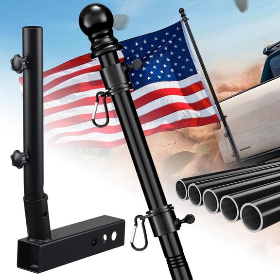 Truck Flag Pole with Hitch Holder – 5FT Heavy Duty Flagpole Mount Kit for Tow Hitch, Dual Angle Mount, Long Protect Sleeve Windproof Design for Trucks, Jeep & Trailer,Black