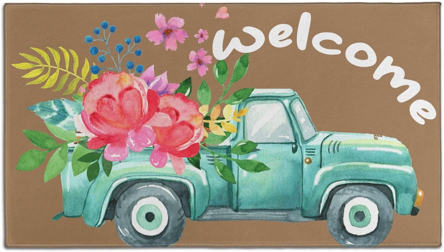 Truck Flower Spring Doormat Non-Slip Absorbent Resist Dirt Front Door Mat Machine Washable Welcome Mats Outdoor Inside Floor Rugs for Entryway 30" X 17"
