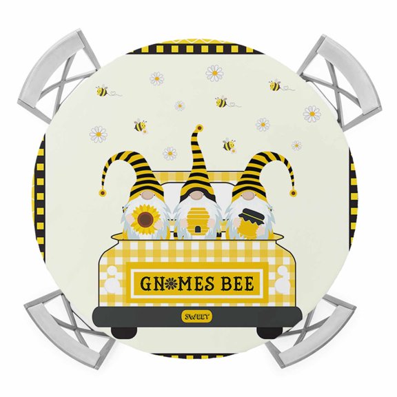 Truck With Gnomes Bee Elastic Fitted Round Table Cover Yellow Buffalo Check Plaid Waterproof Outdoor Tablecloth for Holiday Party, Picnic, Patio & Dining Fits Tables Up to 45"-54"