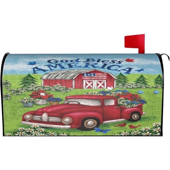 Truck God Bless America Mailbox Cover Magnetic American Flag Mailbox Wrap Colorful Painting Post Letter Box Cover Decor for Outside Garden Yard Standard Mailbox 18x21 in