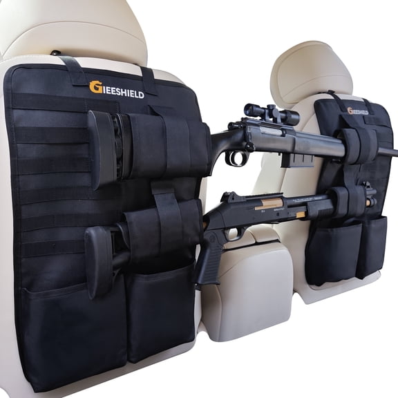 Gieeshield Truck Gun Rack(Set of 2), Seat Back Gun Rack with Adjustable Straps, 600D Oxford Cloth, Universal Rifle Holder, PVC Coated, Secure Storage Pockets for Hunting Gear, Easy to Install