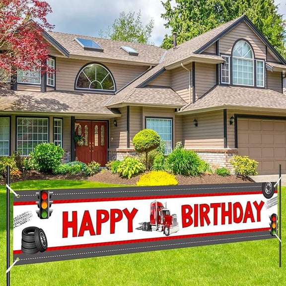 Truck Happy Birthday Banner, Construction Semi Truck Birthday Party Decorations Courtyard Banner for Boy Girl Transportation Semi Truck Birthday Decoration Courtyard Garden Yard Outdoor