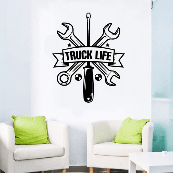 Truck Life - Truck Driver Life Quotes Mechanical Tools Trucks Silhouette Vinyl Wall Art Sticker Decal Home Kids Room Trucking Room Boys Room Wall Décoration Design Décor Decal Size (8x10 inch)