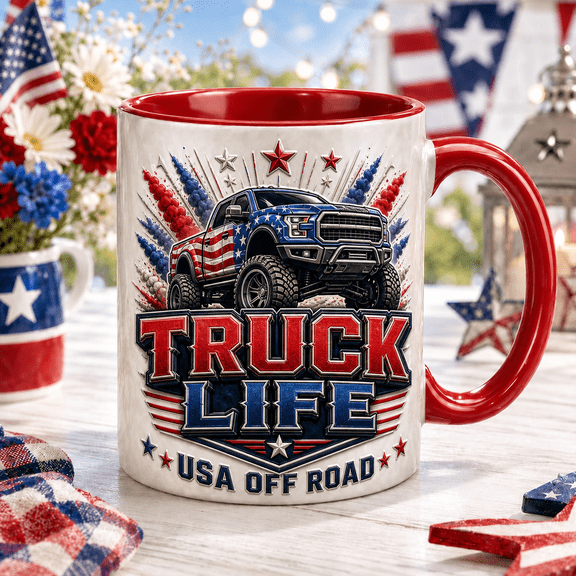 Truck Life Mug Patriotic Off Road Pickup Coffee Cup Gift for Truck Lovers