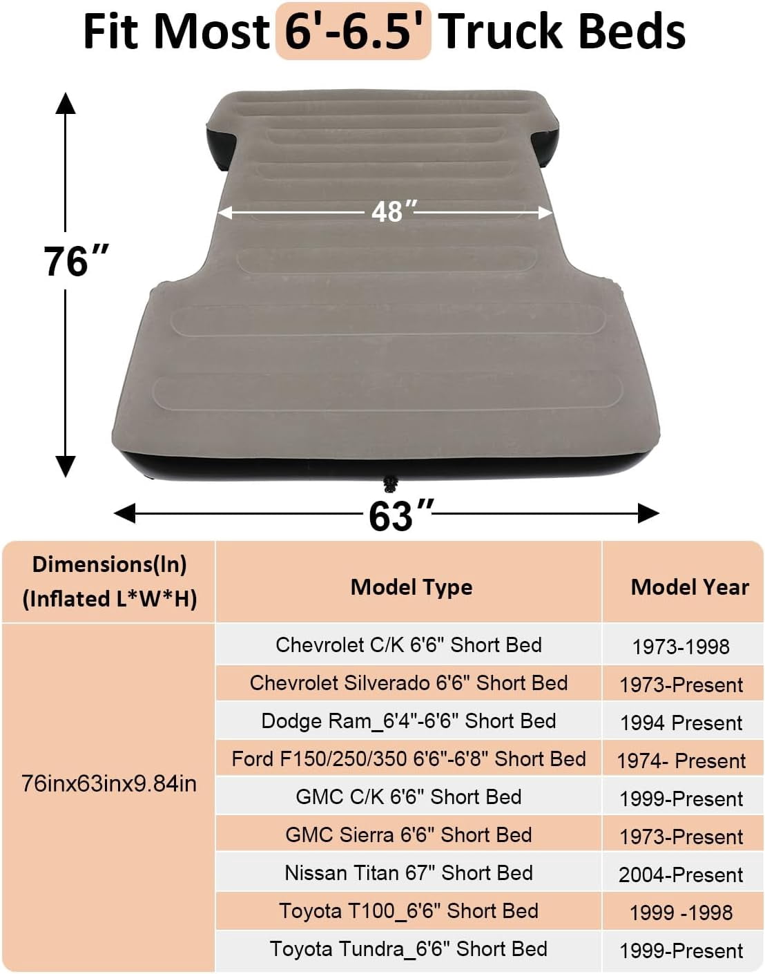 Truck  Mattress Bed for 6-6.5FT Full Size Short Car Beds, Inflatable  Mattress with  Pump for Outdoor Camping,Tent,Truck()