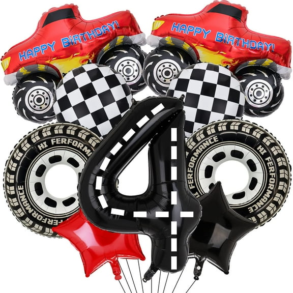 Truck Party Decorations, 9pcs Truck Birthday KKS1Number Foil Balloon for Truck 4th Birthday Race Car Theme Party Supplies (4th)