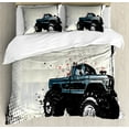 thumbnail image 1 of Truck Queen Size Duvet Cover Set, Halftone Pattern Background with Color Splashed Frame and Monster Truck Motif, Decorative 3 Piece Bedding Set with 2 Pillow Shams, Ivory Blue Black, by Ambesonne, 1 of 3