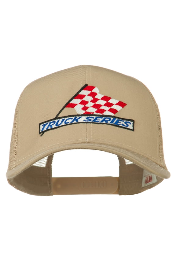 Truck Series Racing Flag Embroidered Mesh Back Cap - Khaki OSFM