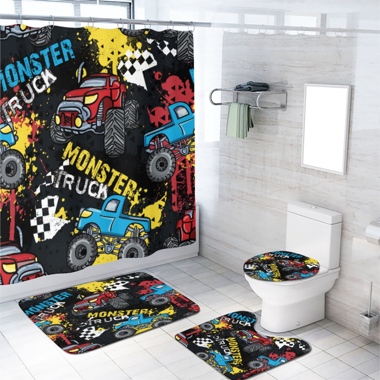 Truck Shower Curtain Sets with Non-Slip Rug Cartoon Car Spray Paint Texture Ink Print Bathroom Decor Bath Curtain with Rugs Toilet Lid Cover Bath Mat, 72x72 Inch