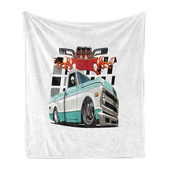 Truck Soft Flannel Fleece Blanket, Lowrider Pickup with Racing Flag Pattern Background Speeding on the Streets Modified, Cozy Plush for Indoor and Outdoor Use, 50" x 70", Multicolor, by Ambesonne