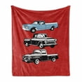 thumbnail image 1 of Truck Soft Flannel Fleece Blanket, Vintage Pickup Vehicle Designs on Abstract Ruby Background Inner City Transport, Cozy Plush for Indoor and Outdoor Use, 60" x 80", Ruby Blue White, by Ambesonne, 1 of 5