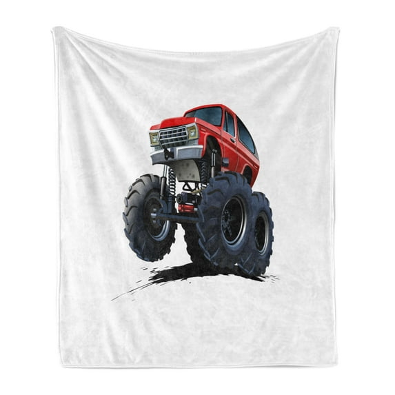 Truck Soft Flannel Fleece Throw Blanket, Extreme Off Road Vehicle Cartoon Style Monster Truck Motorsports Illustration, Cozy Plush for Indoor and Outdoor Use, 60" x 80", Night Blue Red, by Ambesonne