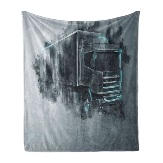 Truck Soft Flannel Fleece Throw Blanket, Greyscale Illustration of a Tractor Trailer with Paint Smears Cargo Delivery, Cozy Plush for Indoor and Outdoor Use, 70" x 90", Grey Turquoise, by Ambesonne