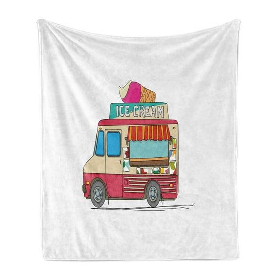 Truck Soft Flannel Fleece Throw Blanket, Ice Cream Truck Colorful Illustration Business Idea Cartoon Style Cutaway Vehicle, Cozy Plush for Indoor and Outdoor Use, 60" x 80", Multicolor, by Ambesonne