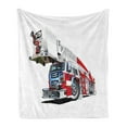 thumbnail image 1 of Truck Soft Flannel Fleece Throw Blanket, Speeding to Danger Illustration Emergency Services Theme 911 Cartoon, Cozy Plush for Indoor and Outdoor Use, 50" x 60", Blue Grey Red, by Ambesonne, 1 of 5