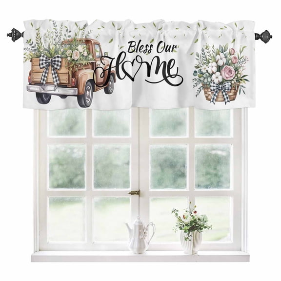 Truck Spring Floral Kitchen Valances for Windows 60x18 Inch Kitchen Curtains Valances Rod Pocket Pink Green Flowers Watercolor Bathroom Window Valances for Window Treatment Decor
