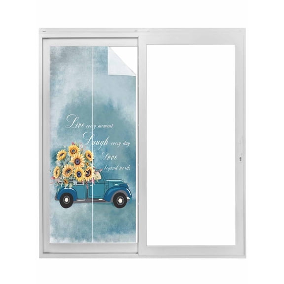 Truck Sunflowers Window Privacy Film, Blue Ombre Spring Botanical Floral Car Static Cling UV Sun Blocking Tint Film Heat Control Windows Films for Bedroom Bathroom, Window Stickers 23.6"x59"