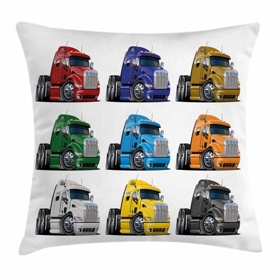 Truck Throw Pillow Cushion Cover, Colorful Semi Trucks Transportation of Goods Theme Shipping Driving Cartoon Design, Decorative Square Accent Pillow Case, 18 X 18 Inches, Multicolor, by Ambesonne