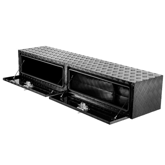 Truck Tool Box Truck Bed Storage with T-Handle Lock, Black Steel Underbody Truck Box, 24"×18"×18" Pickup Storage Box, Heavy Duty Diamond Plate Tool Box, Waterproof Trailer Storage Box with T-Handle