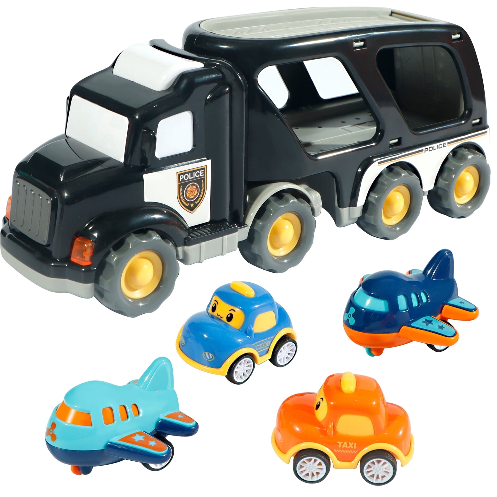 Truck Toys for 3 4 5 6 Years Old Boys Girls - 5 in 1 Carrier Cartoon Shape Transport for Toddlers 1-3, Friction Power Vehicles for Kids 3-5, Christmas New Year Birthday Gifts - Age 3-9, Black