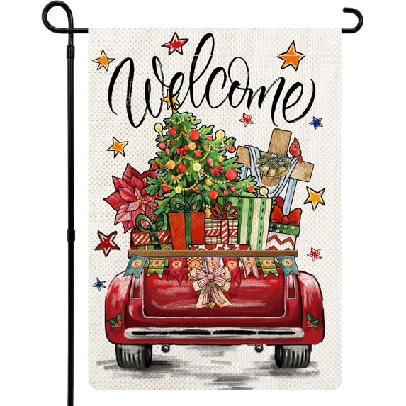 Truck Winter Chirstmas Garden Flags for Outside, Winter Welcome Garden Flags 12.5x18 Double Sided, Religious Jesus Cross Truck Lawn Flags, Burlap Xmas Holiday Yard Flags for Winter Outdoor Decor