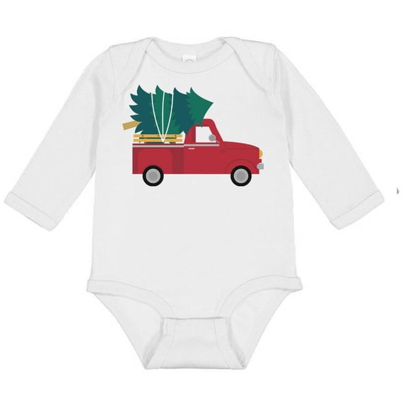 Truck With Christmas Tree Long Sleeve Baby Onesie Infant One Piece Bodysuit 18 Months White