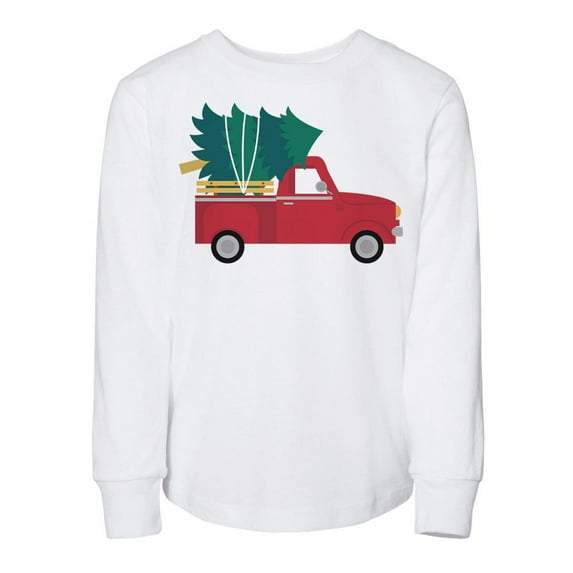 Truck With Christmas Tree Toddler Kids Long Sleeve T-Shirt 2T White
