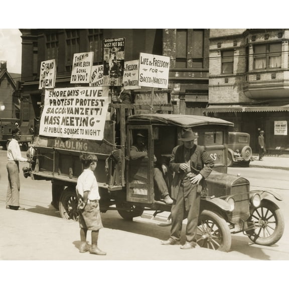 Truck With Several Protest Signs Five Days Prior To The Executions Of Sacco And Vanzetti. Signs Read History