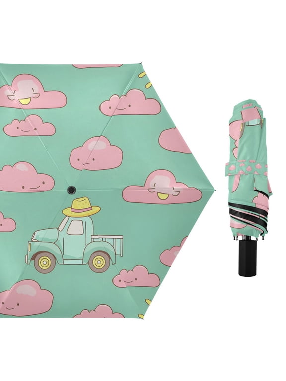 Truck and Pink Cloud Compact Sun Umbrella Windproof Travel Umbrellas for Rain Strong Portable UV Protection