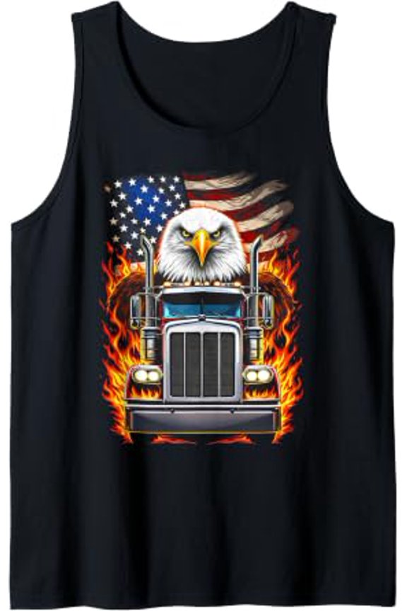 Trucker Aamericana Usa Flag Semi Truck Driver Eagle Tank Top Size S-3XL