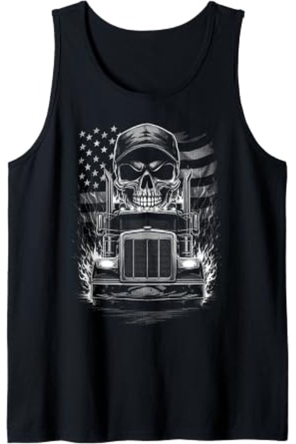 Trucker Aamericana Usa Flag Semi Truck Driver Skull Tank Top Size S-3XL