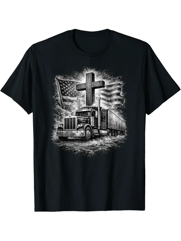 Trucker American Flag Cross Semi Truck T Shirt Size S-5XL