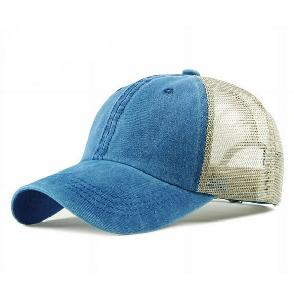 Trucker Ball Cap Mesh Beige Back Adjustable Hat Snapback 2-Tone Cap 6 Panel (Blue)