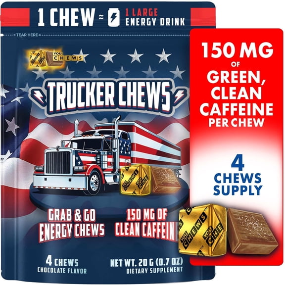 YouChews Trucker Chews Caffeine Energy Chews, Grab and Go Chewy Energy Bites with 150mg Caffeine, 4 Count