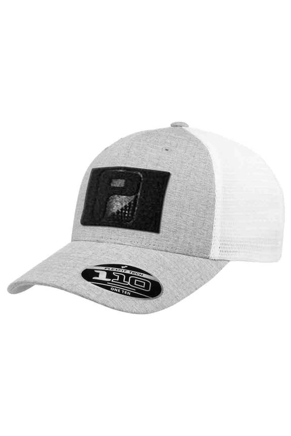 Curved Bill Flexfit + Snapback Trucker Hat | Melange Silver and White Tactical Cap | 2x3 Inch Loop Surface to Attach Morale Patches