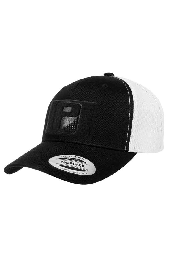 Tactical Snapback Trucker Hat – Curved Bill Cap with 3x2 Inch Hook & Loop Panel for Morale Patches (Black/White)