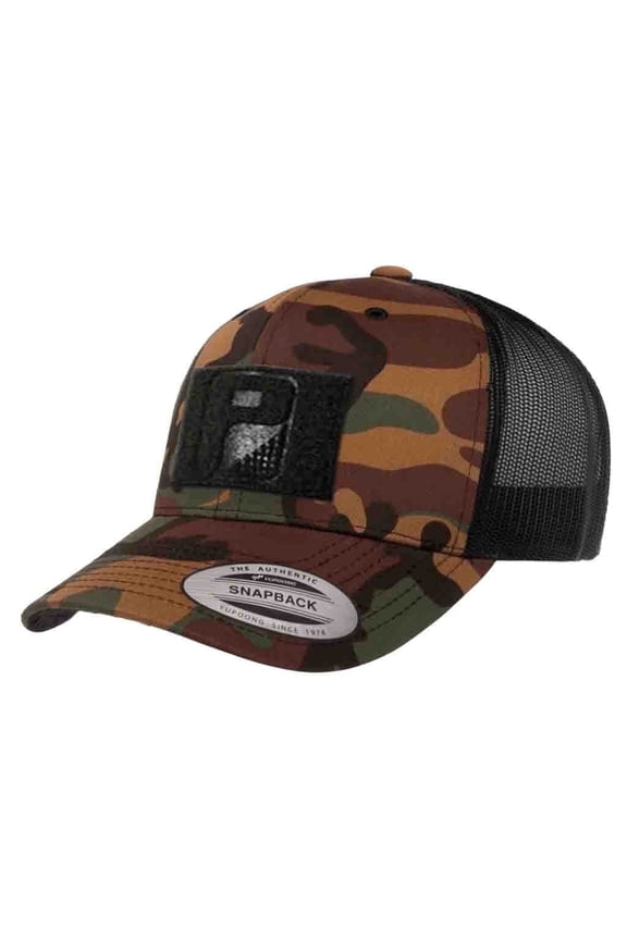 Tactical Hat | Authentic Snapback Camo Trucker Curved Bill Cap | 2x3 inch Hook & Loop Surface to Attach Morale Patches | (Vintage Camo and Black)