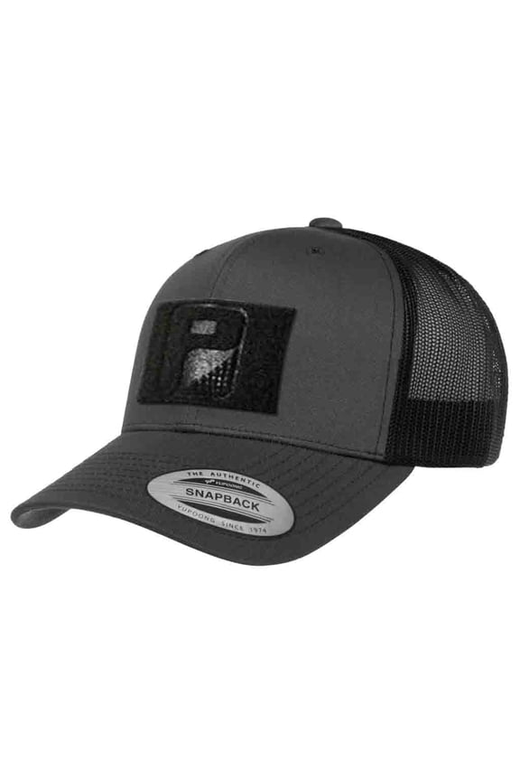 Tactical Snapback Trucker Hat – Curved Bill Cap with 3x2 Inch Hook & Loop Panel for Morale Patches (Charcoal/Black)