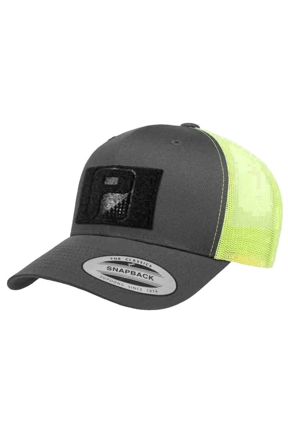 Tactical Snapback Trucker Hat – Curved Bill Cap with 3x2 Inch Hook & Loop Panel for Morale Patches (Charcoal/Neon Green)