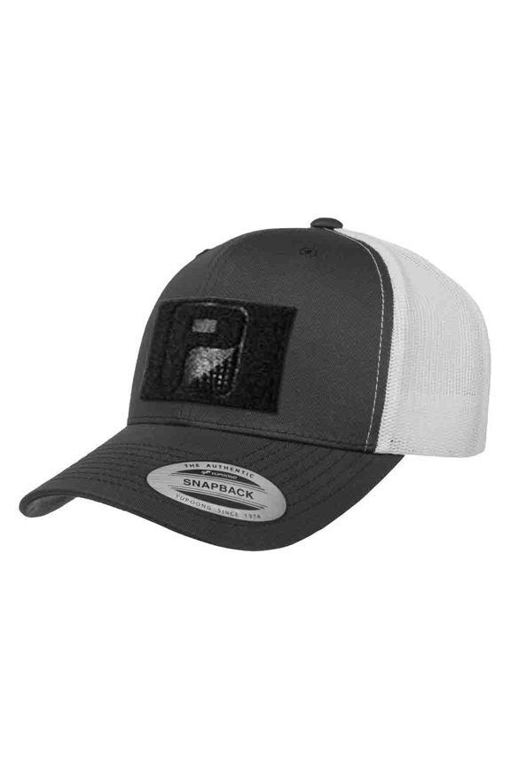Tactical Snapback Trucker Hat – Curved Bill Cap with 3x2 Inch Hook & Loop Panel for Morale Patches (Charcoal/White)