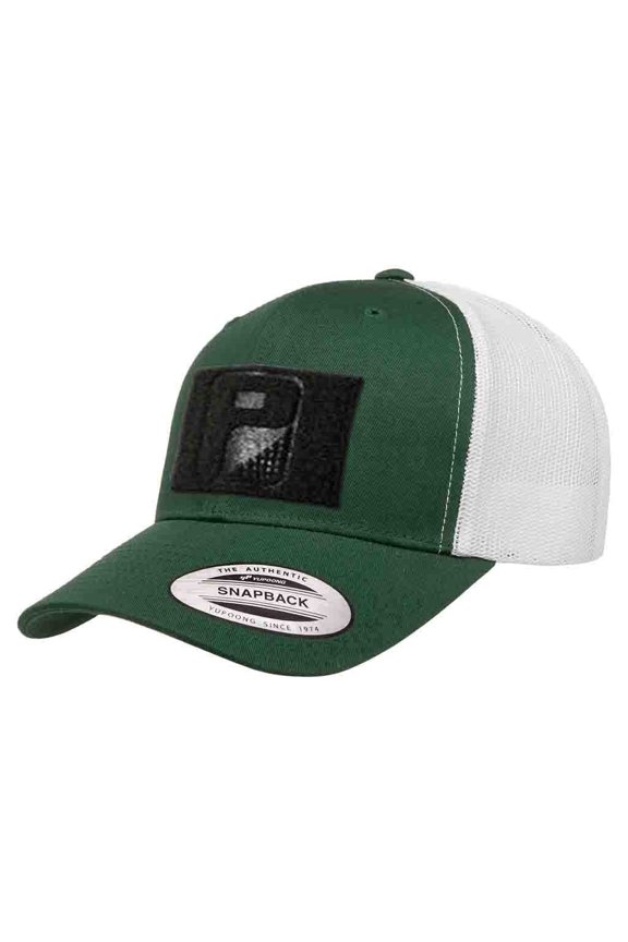 Tactical Snapback Trucker Hat – Curved Bill Cap with 3x2 Inch Hook & Loop Panel for Morale Patches (Green/White)