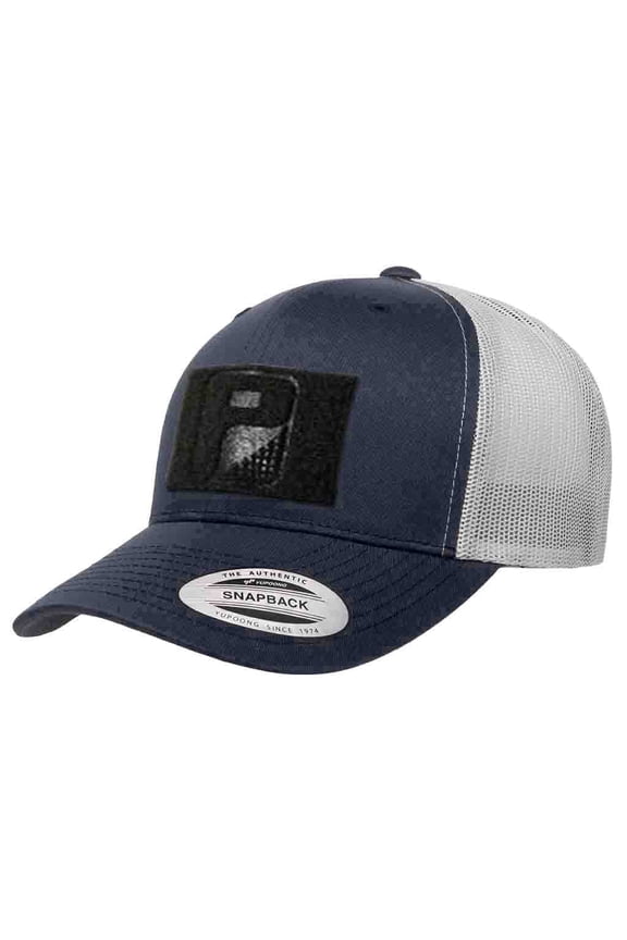 Tactical Snapback Trucker Hat – Curved Bill Cap with 3x2 Inch Hook & Loop Panel for Morale Patches (Navy Blue/Silver)