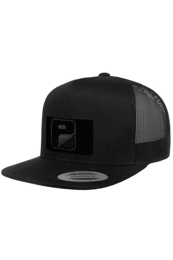 Flat Bill Snapback Trucker Hat | Black Tactical Cap | 2x3 in Loop Surface to Attach Morale Patches