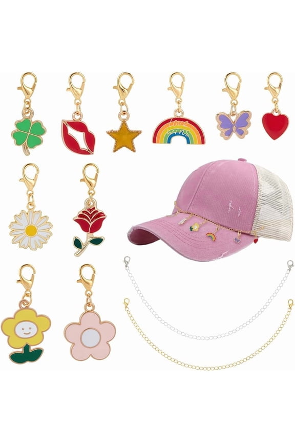 Trucker Hat Chains Set 2pcs Hat Chain with 10 Enamel Cute Charms Interchangeable Hats Chain Flower Star Heart Clip on Charm for Women DIY Mesh Baseball Hats Accessories Decoration