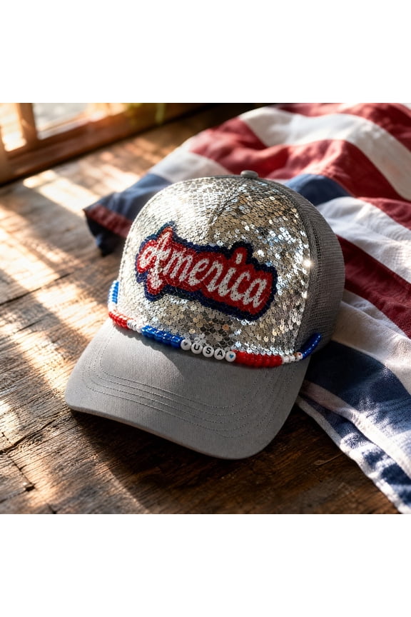 Trucker Hat, Protects from Sun with Patriotic Style, Baseball Cap, Sparkly Embroidered Design and Breathable Mesh Build for Independence Day Parade, Beach Outing, and Summer Festival.